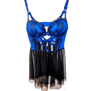 Rare Victorias Secret Lace Mesh Bustier Top Corset Lace Up Skirted Navy Blue 32C
